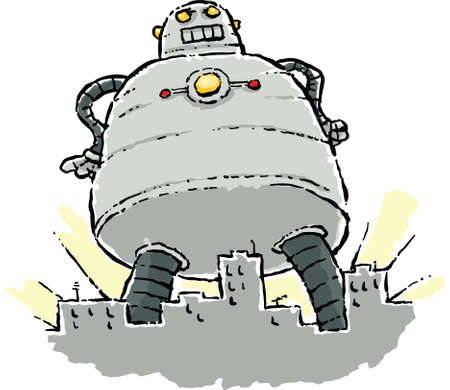 A giant robot stands tall above a city skyline.のイラスト素材