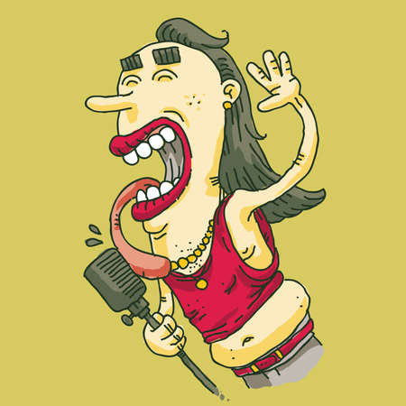 A happy rock star licks his microphone while performing.のイラスト素材