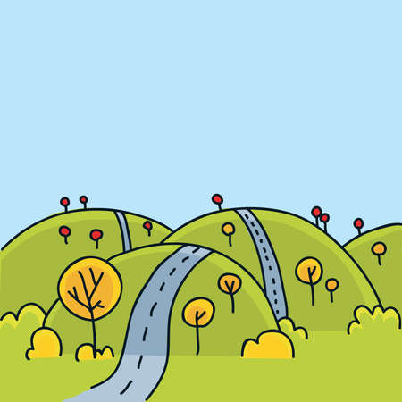 A cartoon road running over the hills in autumn.のイラスト素材
