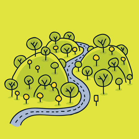 A cartoon road winds around green hills in spring.のイラスト素材