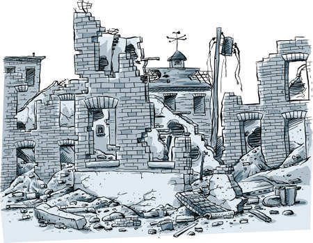 A cartoon scene of ruined buildings.のイラスト素材