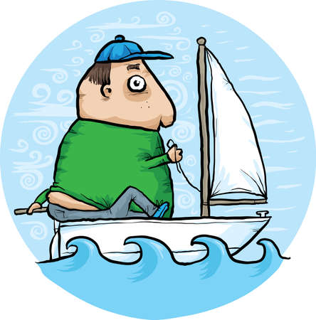 A cartoon man sailing in his tiny boat.のイラスト素材