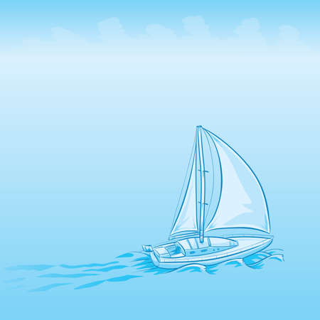 A cartoon sailboat moving forward on a calm, misty day.のイラスト素材
