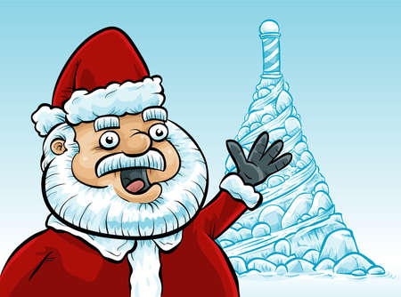 Cartoon Santa Claus gives a friendly wave at the North Pole.のイラスト素材