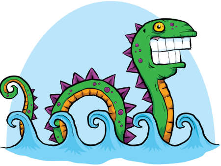 A cartoon sea serpent rolls along the waves in the sea.のイラスト素材