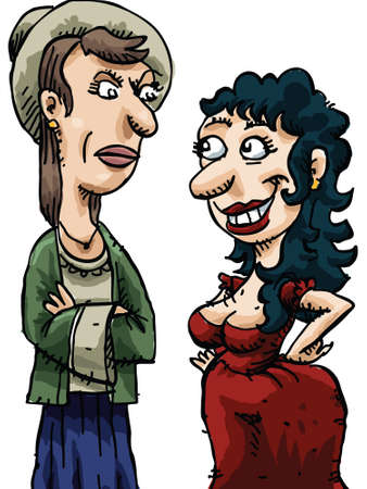 A serious cartoon woman is not impressed by a woman acting sexy.のイラスト素材