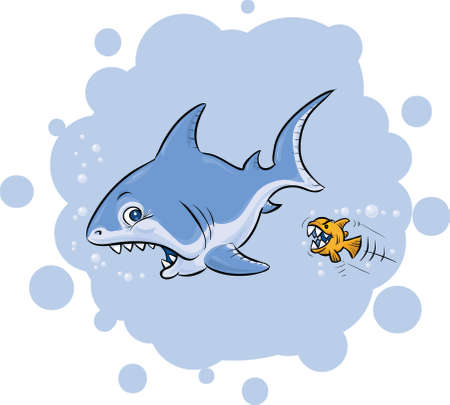 A large, cartoon shark is shocked to be attacked by a tiny fish. のイラスト素材
