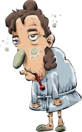 A sick woman stands slouched with a thermometer in her mouth.のイラスト素材