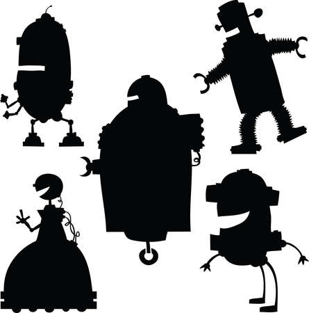 Silhouette set of funny cartoon robots.のイラスト素材