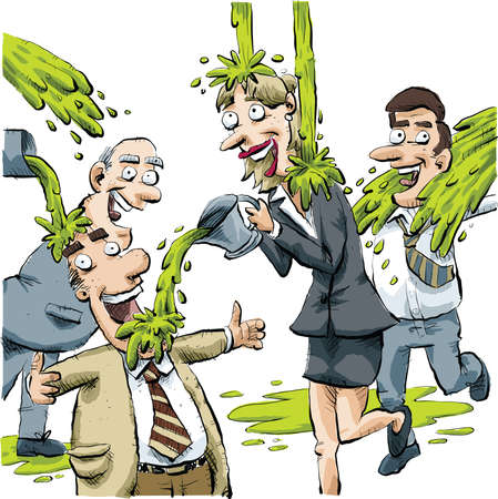 A group of businessmen and businesswomen play fight with green slime.のイラスト素材