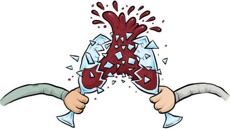 Two cartoon wine glasses smash in an explosive toast.のイラスト素材