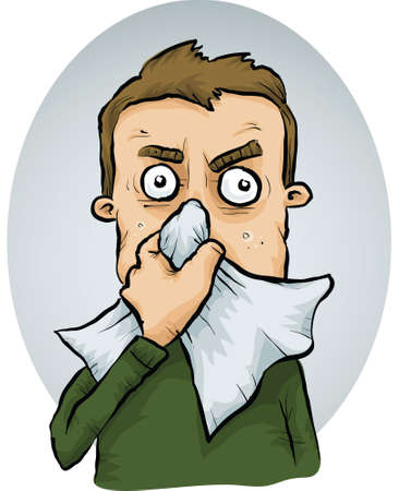 A cartoon man sneezes into a tissue.のイラスト素材