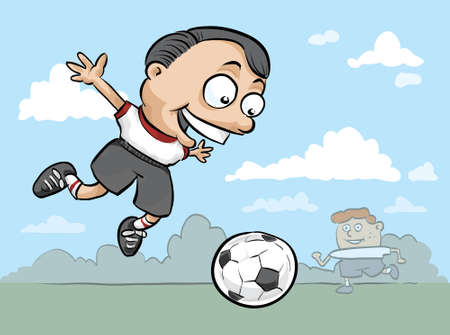 A cartoon boy jumps high to kick a soccer ball.のイラスト素材
