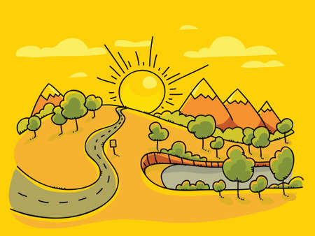 The sun rises above a cartoon landscape.のイラスト素材