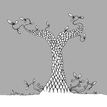 A stunted, scaled cartoon tree with few leaves.のイラスト素材
