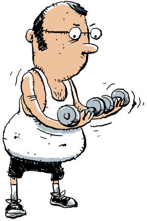 A cartoon man exercises with weights to build his muscles and stay healthy.のイラスト素材