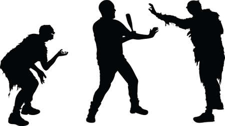 A silhouette of a man defending himself from two attacking zombies.のイラスト素材