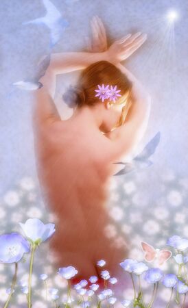 Woman seated in flowersの写真素材