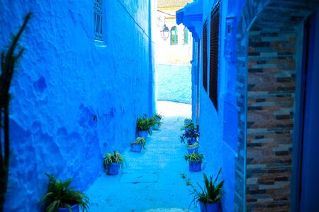 Beautiful street of blue medina in city Chefchaouen, Morocco, Africaの写真素材