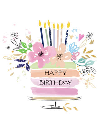 watercolor cake for birthday with flowers and seven candlesの写真素材