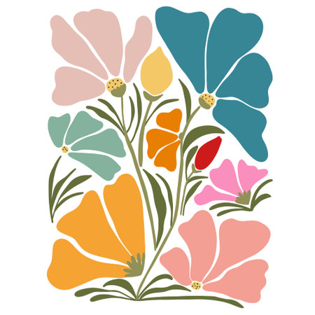 Hand-drawn multicolored flower pattern isolated on white backgroundの写真素材