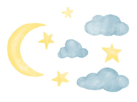 Moon stars and clouds painted in watercolor white backgroundの写真素材