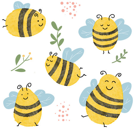 drawing multicolored watercolor bees and flowers summerの写真素材