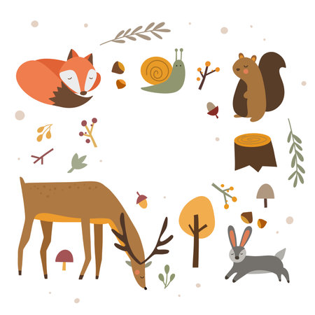autumn illustration fox deer beaver and leaves and acorns on white backgroundの写真素材