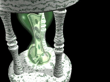 American 100 dollar bills stuffed in marble hourglass against black