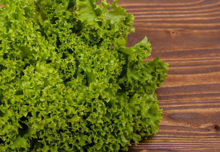 fresh cabbage leaves on a wooden boardの写真素材