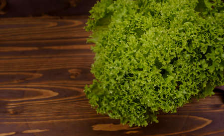 fresh cabbage leaves on a wooden boardの写真素材