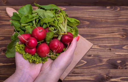 Bunch of radishes on a wooden boardの写真素材