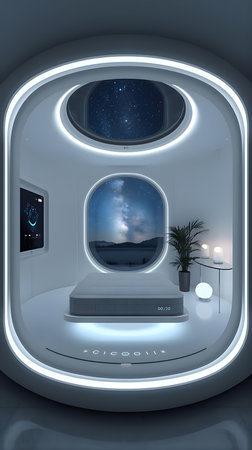 Interior of a spaceship with a view of the night sky.の素材