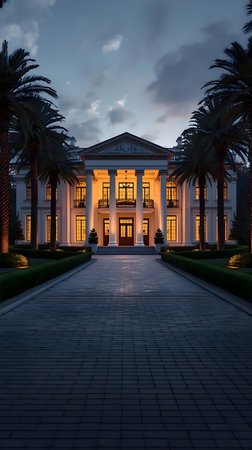 Luxury mansion with palm trees in the evening at dusk.の素材