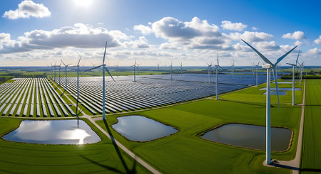 Aerial view of solar panels and wind turbines in the countryside.の素材