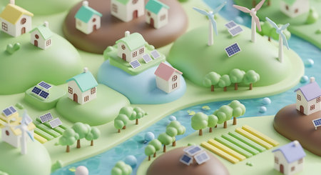 Ecology concept with windmills and houses. 3D renderingの素材