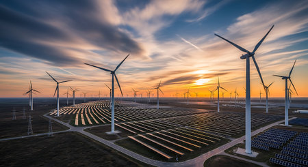 Solar panels and wind turbines at sunset, Zaragoza Province, Aragon, Spain.の素材