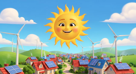 Solar panels and wind turbines on the background of a village. 3d illustration.の素材