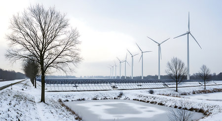 Panoramic view of a snow covered winter landscape with wind turbinesの素材