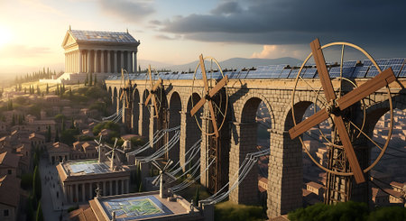 Aerial view of famous ancient roman bridge with solar panels. 3D renderingの素材