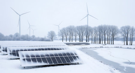 Solar panels and wind turbines in a snow covered field in the Netherlandsの素材