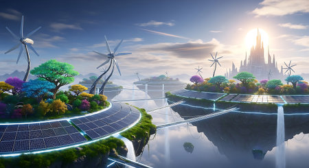 Solar panels and wind turbines in the pond. 3D rendering.の素材