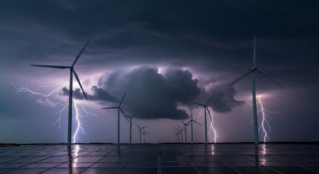 Wind turbines in stormy sky, 3d render. Alternative energy conceptの素材