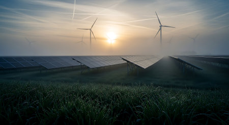 Solar panels and wind turbines in a foggy meadow at sunriseの素材