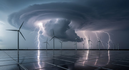 Powerful thunderstorm with lightning and solar panels. 3D renderingの素材