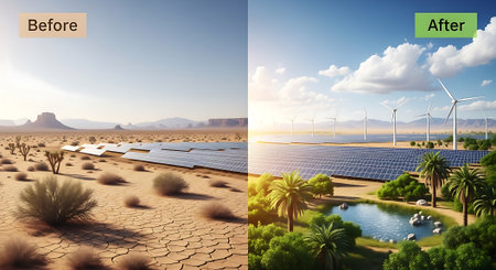 Solar panels and wind turbines in arid desert. 3D renderingの素材