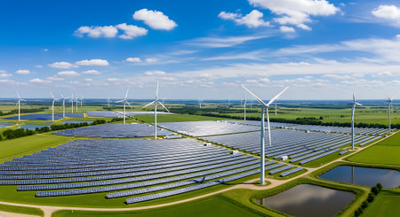 Solar panels and wind turbines in a solar power plant, aerial viewの素材