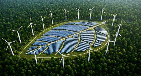 Aerial view of solar panels and wind turbines producing clean energy in a green forest.の素材
