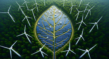 Ecology concept with solar panels and wind turbines in the shape of a leafの素材