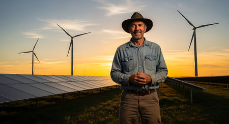 Farmer standing in front of solar panels and wind turbines at sunsetの素材